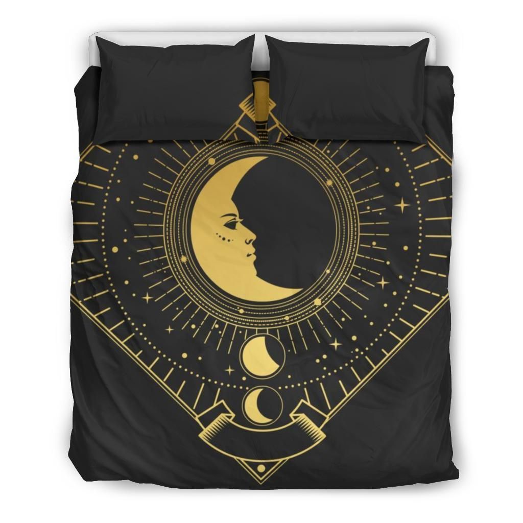 Golden Ornate Frame With Moon On Black Background Bedding Set