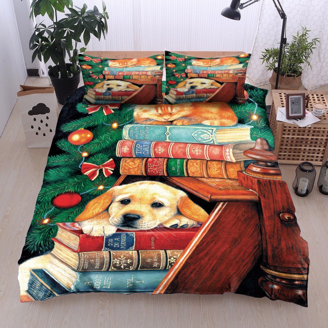 Golden Puppy With Sleeping Cat Bedding Set