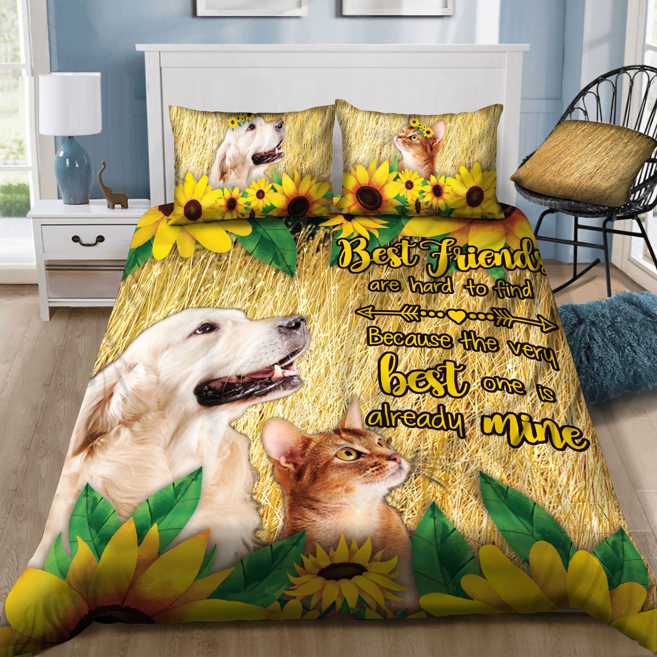 Golden Retriever Cat Sunflowers  Bedding Set