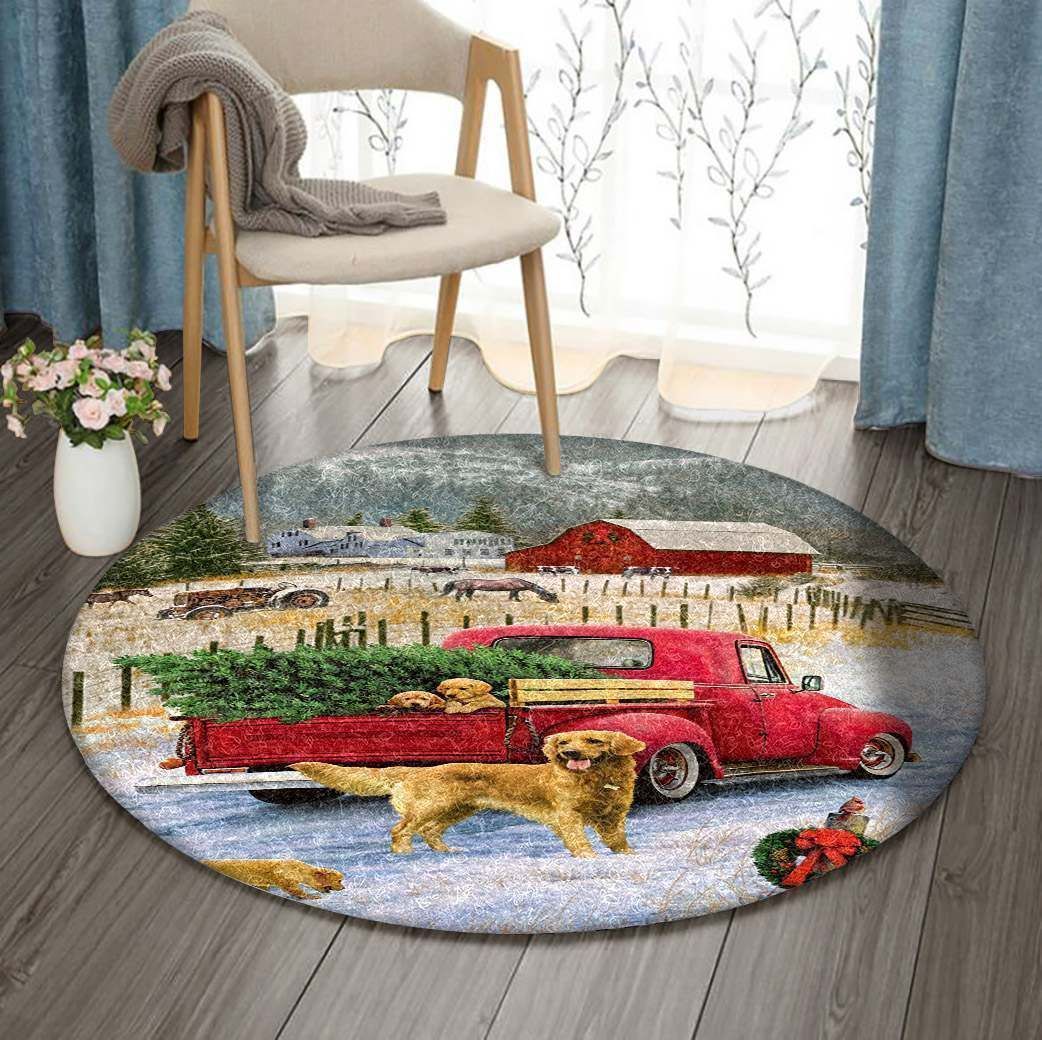 Golden Retriever Christmas Car Farm Round Carpet