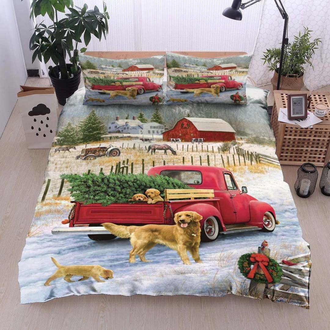Golden Retriever Christmas Car Farm Bedding Set