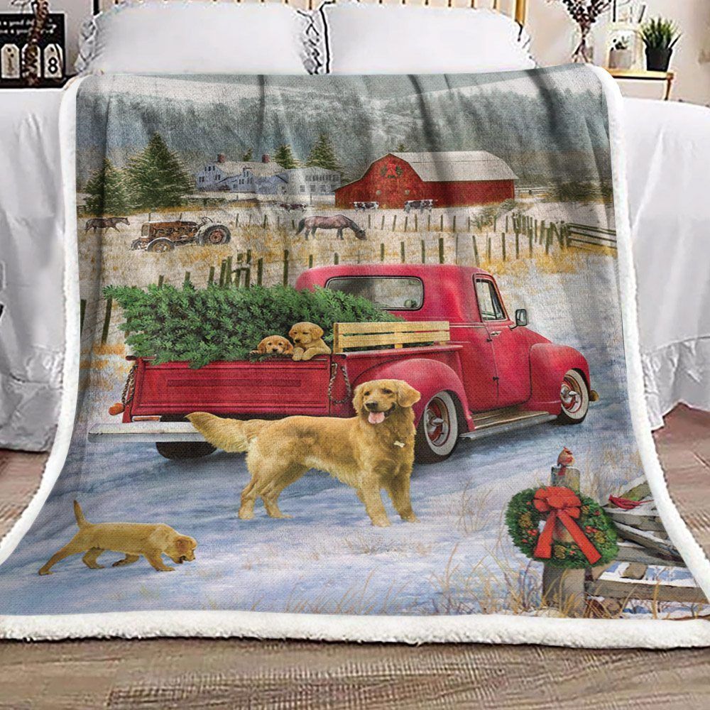 Golden Retriever Christmas Car Farm Sherpa Fleece Blanket
