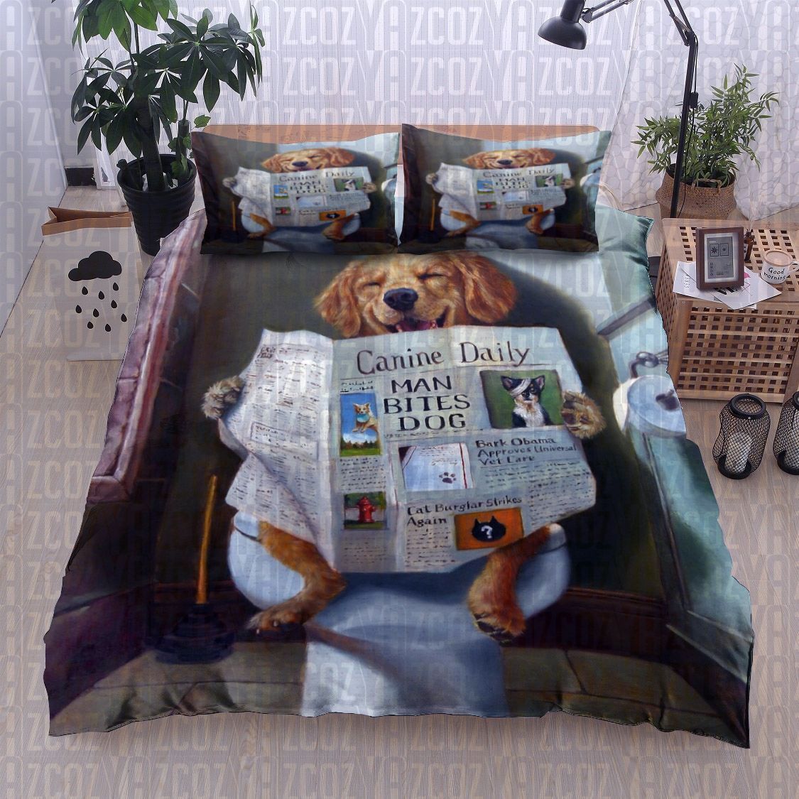 Golden Retriever Dog Reading The Newspaper On Toilet Bedding Set