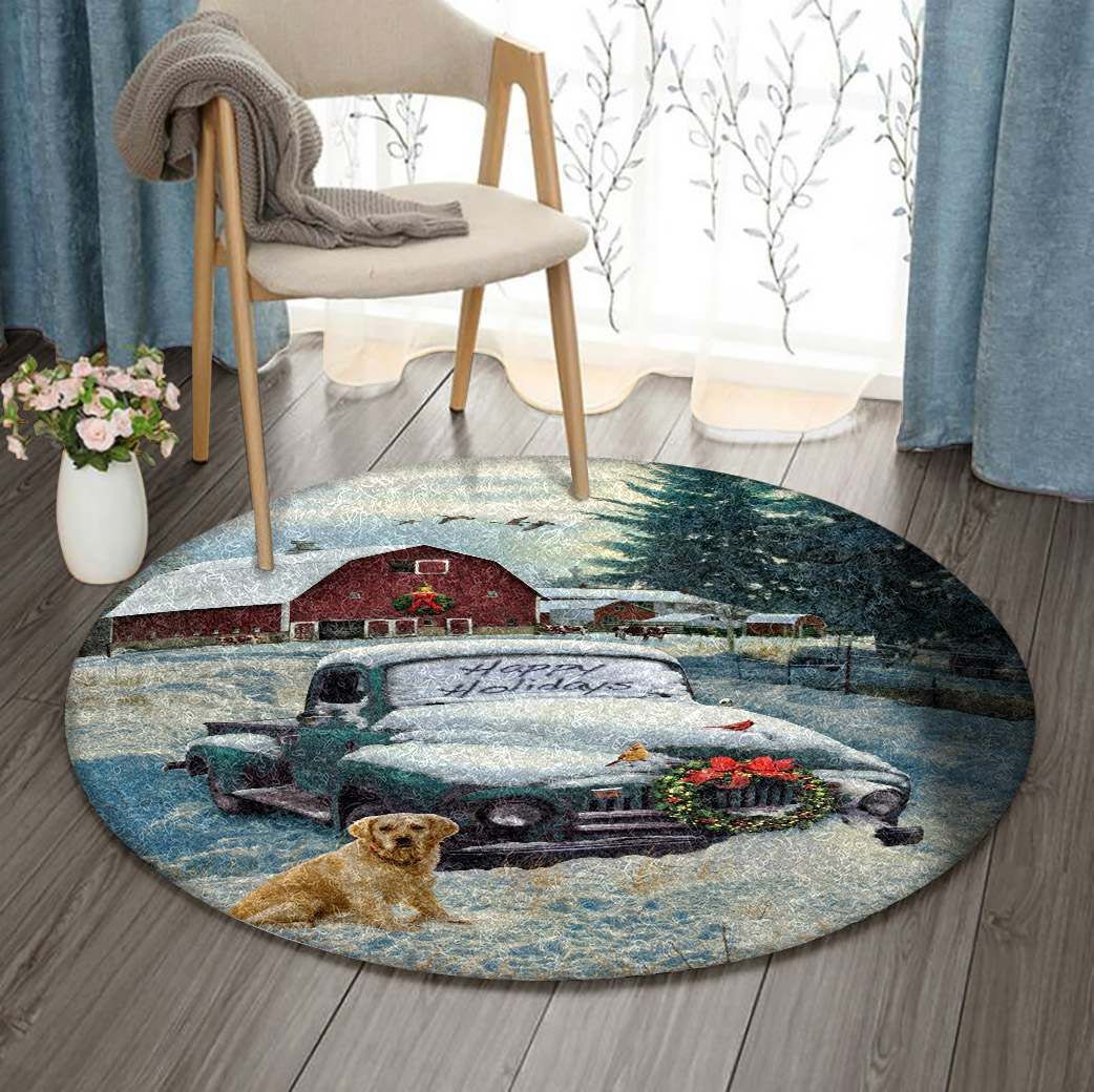 Golden Retriever Farm Christmas Car Round Carpet
