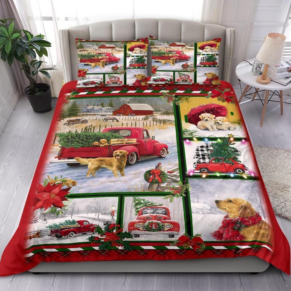 Golden Retriever Red Truck Christmas Bedding Set