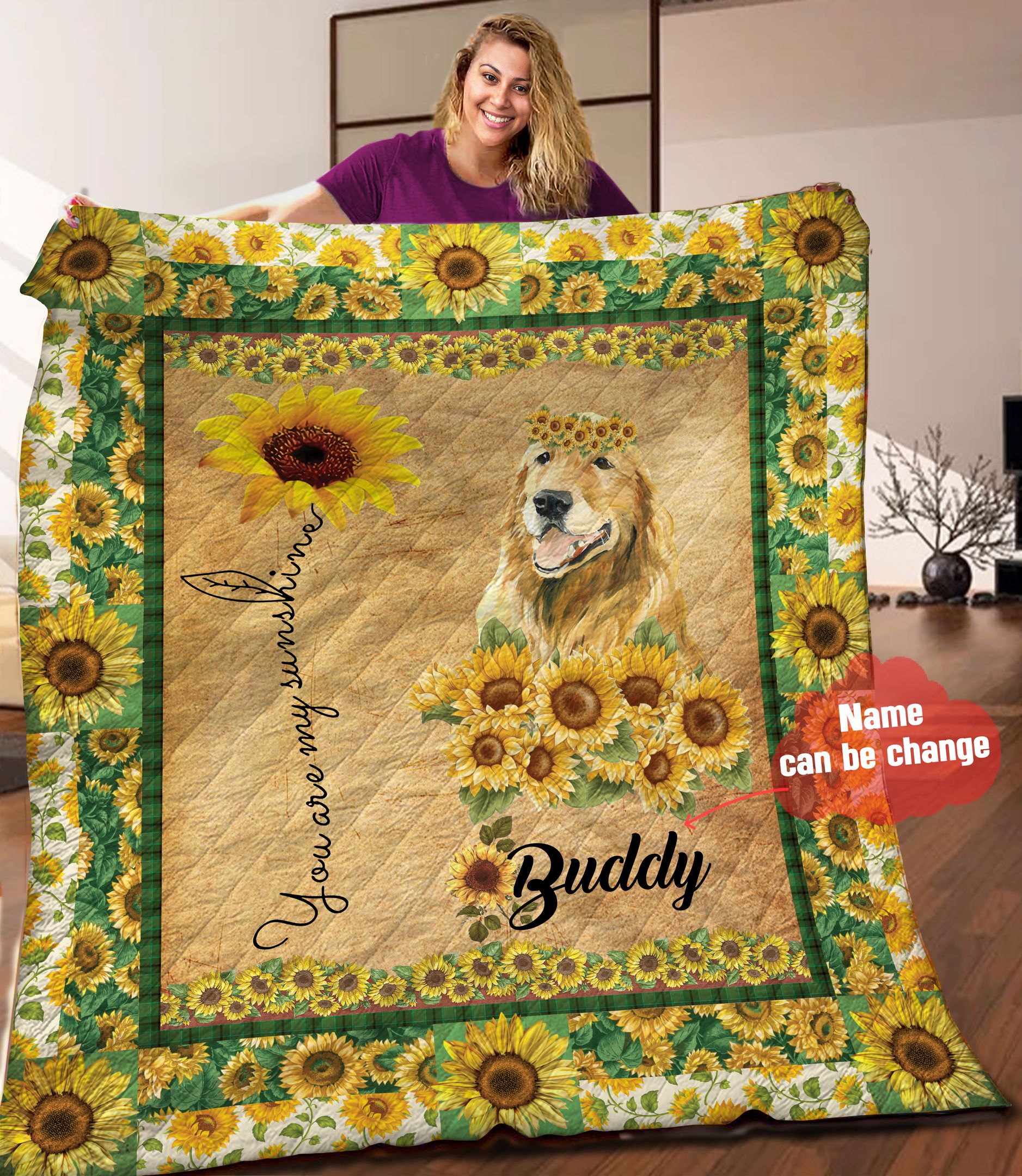 Golden Retriever Sunflower Personalized Quilt Blanket HHH050611NA