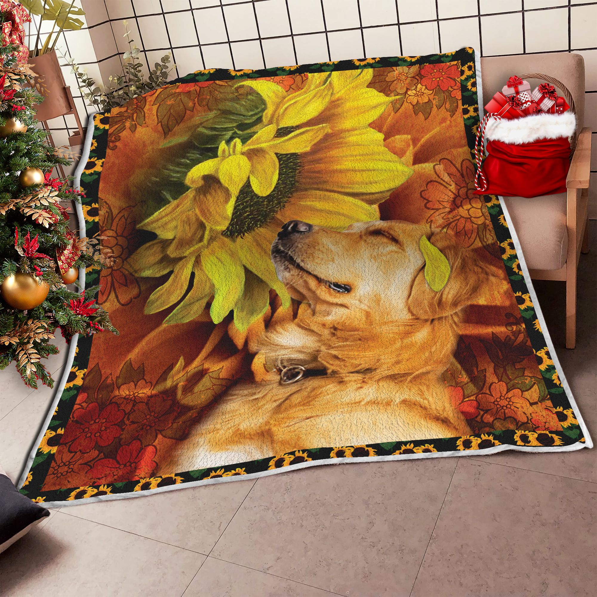 Golden Retriever Sunflowers Fleece Blanket