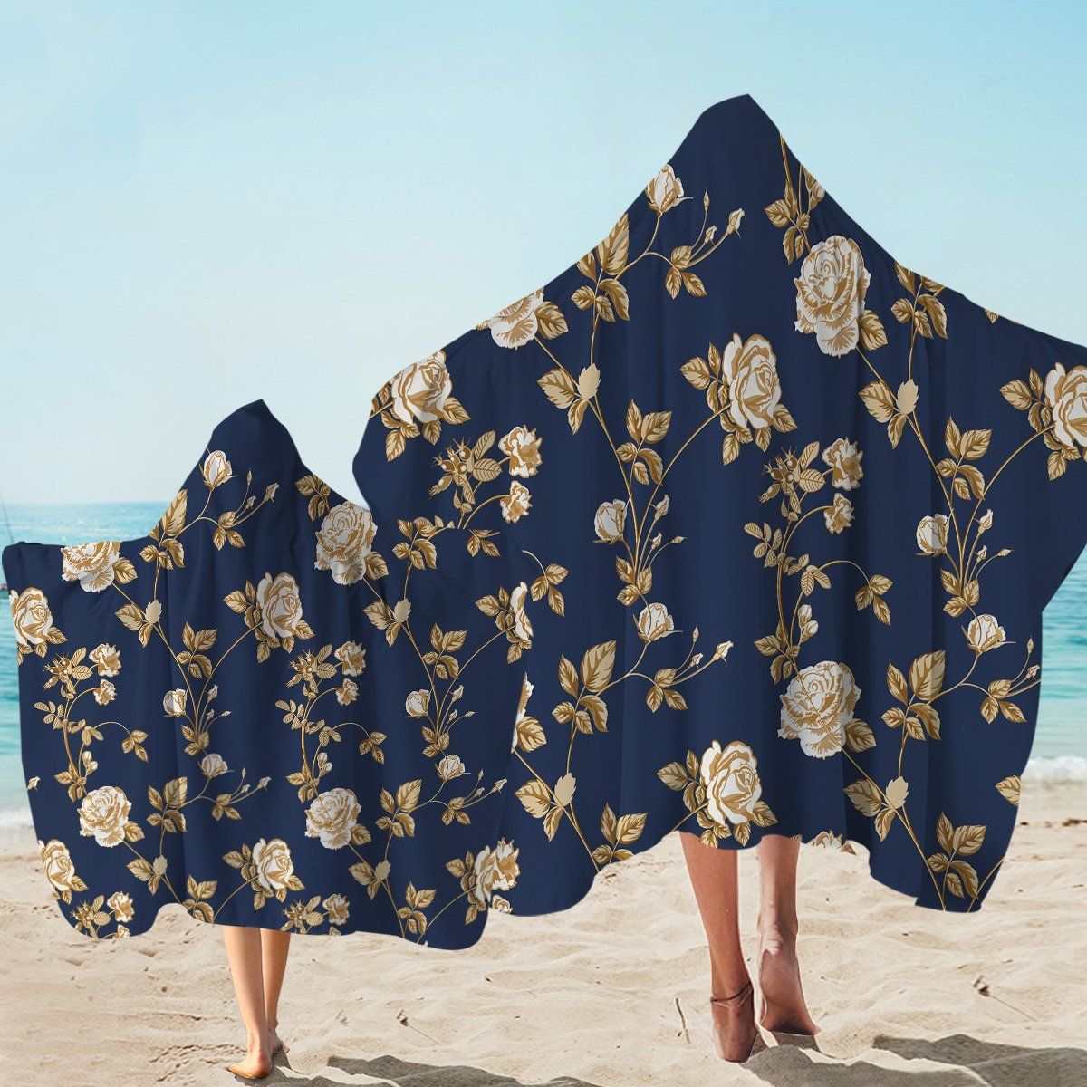 Golden Roses Navy Printed Hooded Towel