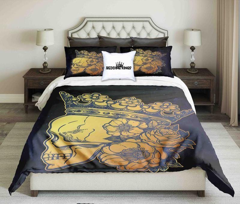 Golden Skull Queen On Black Bluish Bedding Set