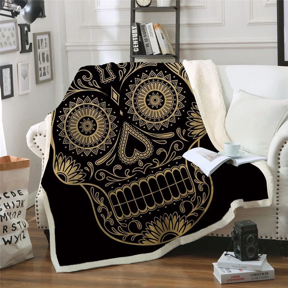 Golden Sugar Skull Sherpa Fleece Blanket