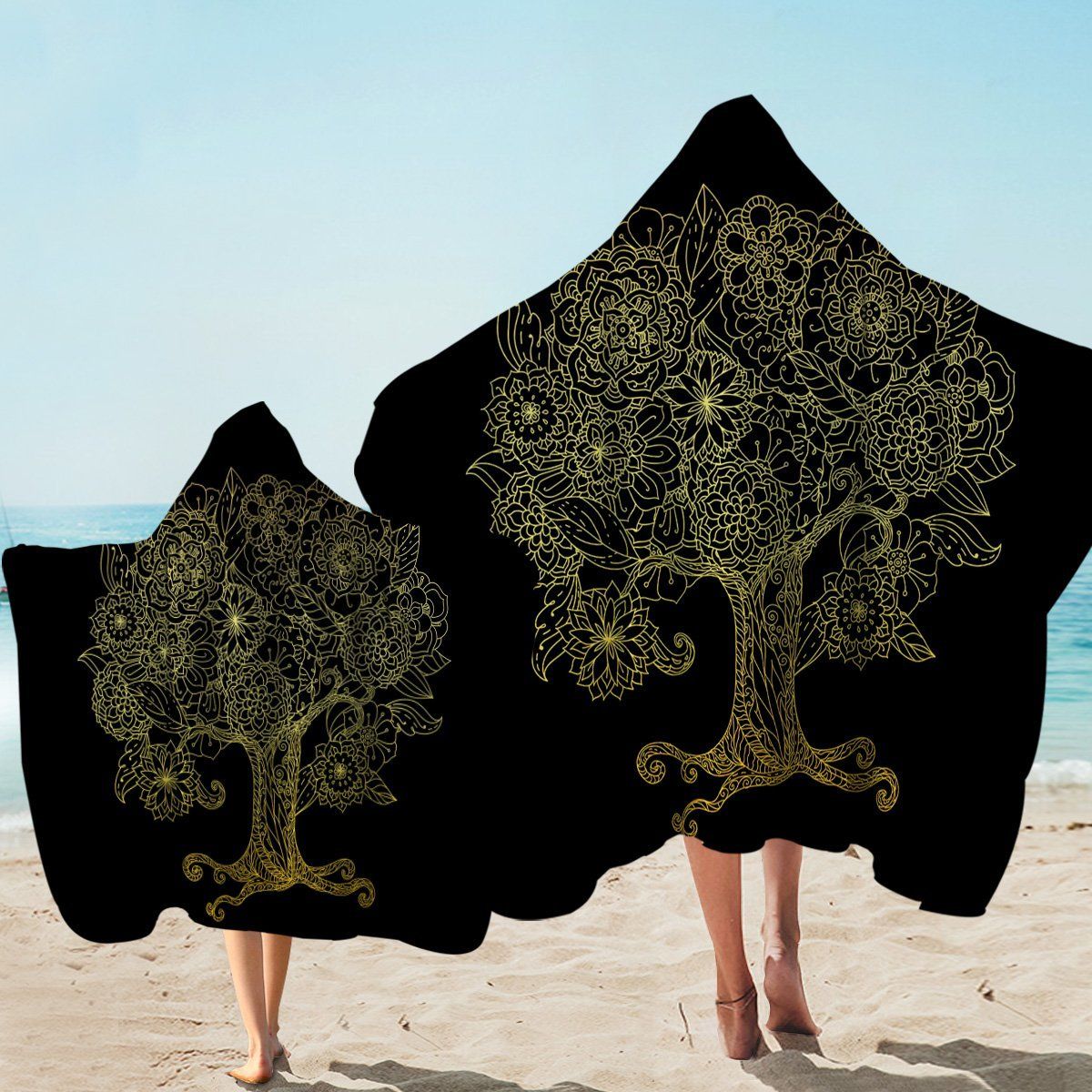 Golden Tree Of Line Black Printed Hooded Towel