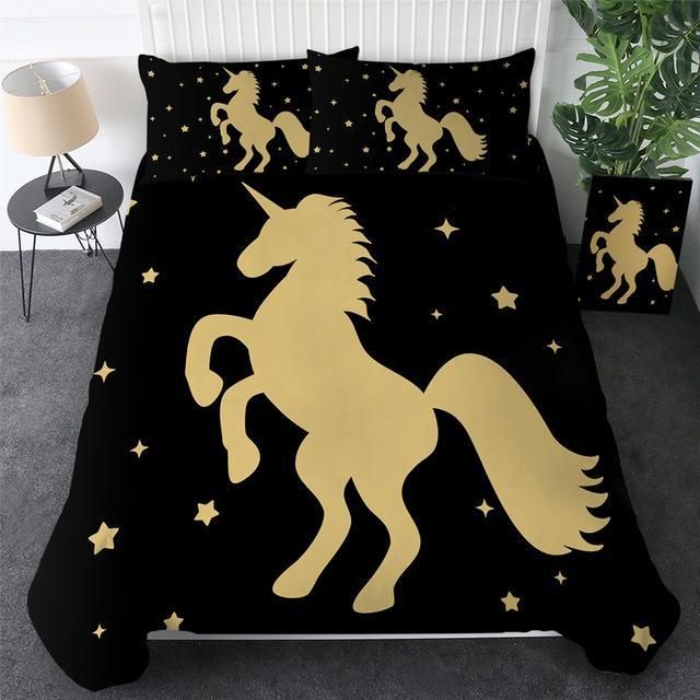 Golden Unicorn Black Background Bedding Set