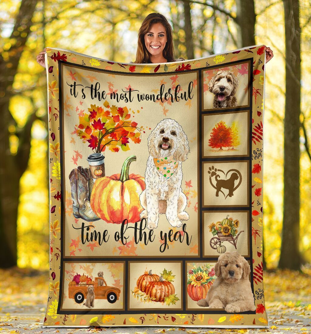 Goldendoodle Autumn Pumpkin Printed Fleece Blanket