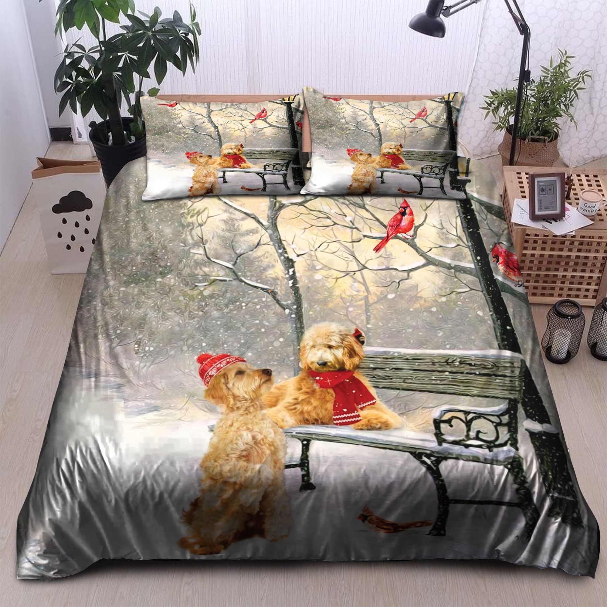 Goldendoodle Date Day With Cardinal Bird Bedding Set