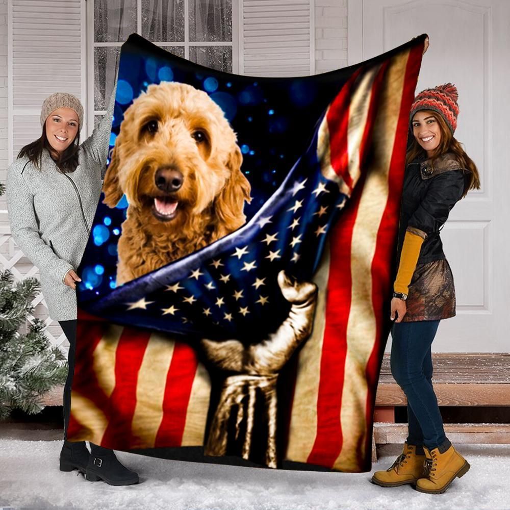 Goldendoodle Dog American Flag Sherpa Fleece Blanket