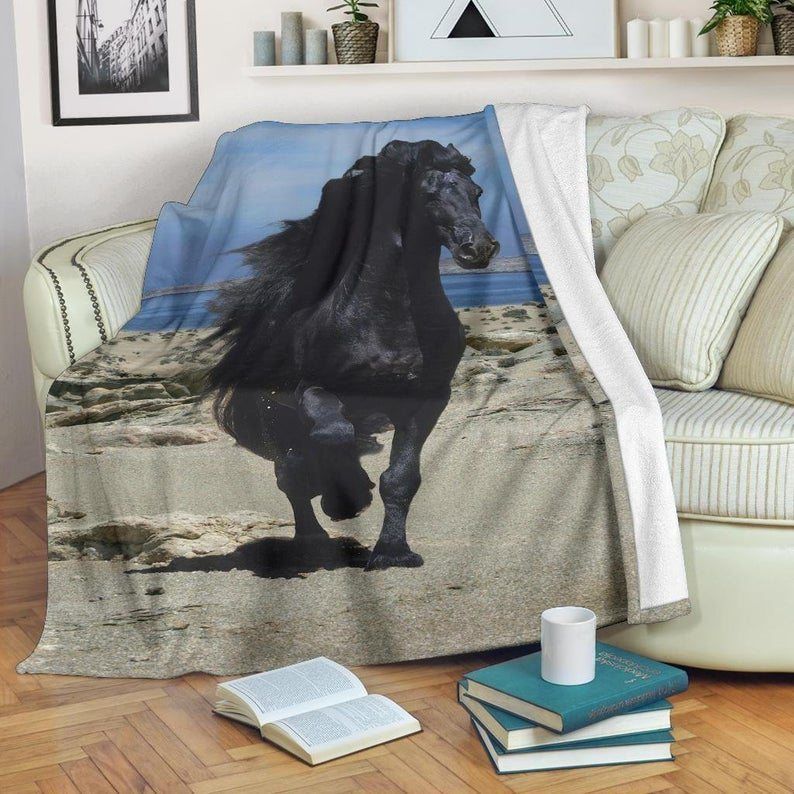 Gorgeous Black Friesian Horse On Beach Sherpa Fleece Blanket