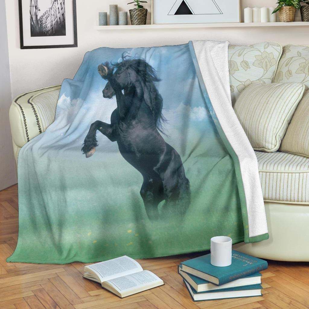 Gorgeous Black Stallion Horse Rearing Sherpa Fleece Blanket