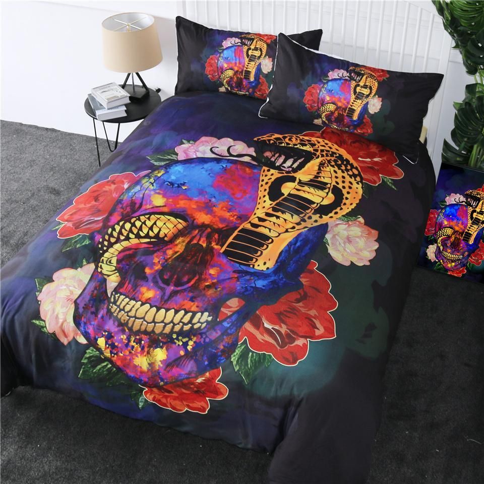 Gothic Cobra Skull Flowers Bedding Set