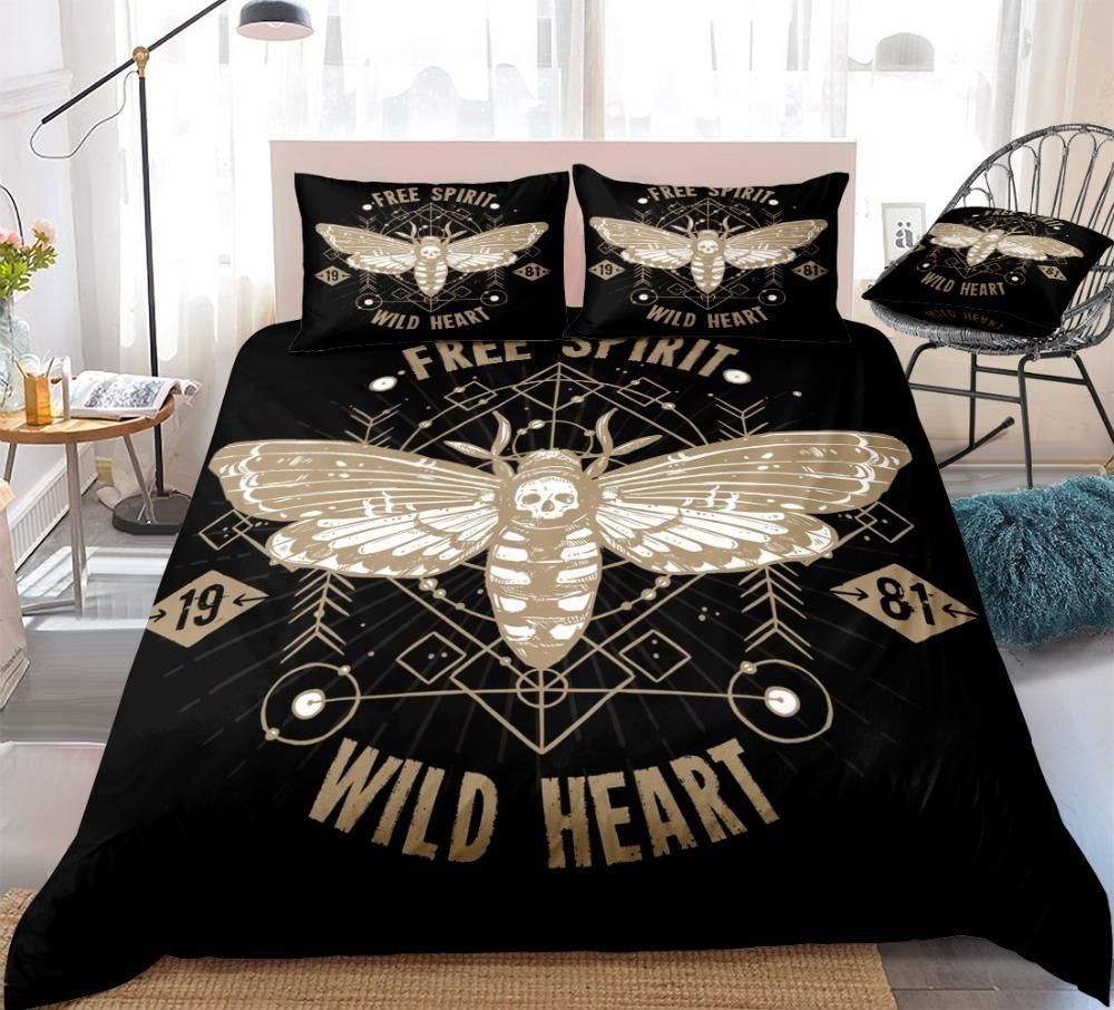 Gothic Moth Wild Heart On Black Bedding Set