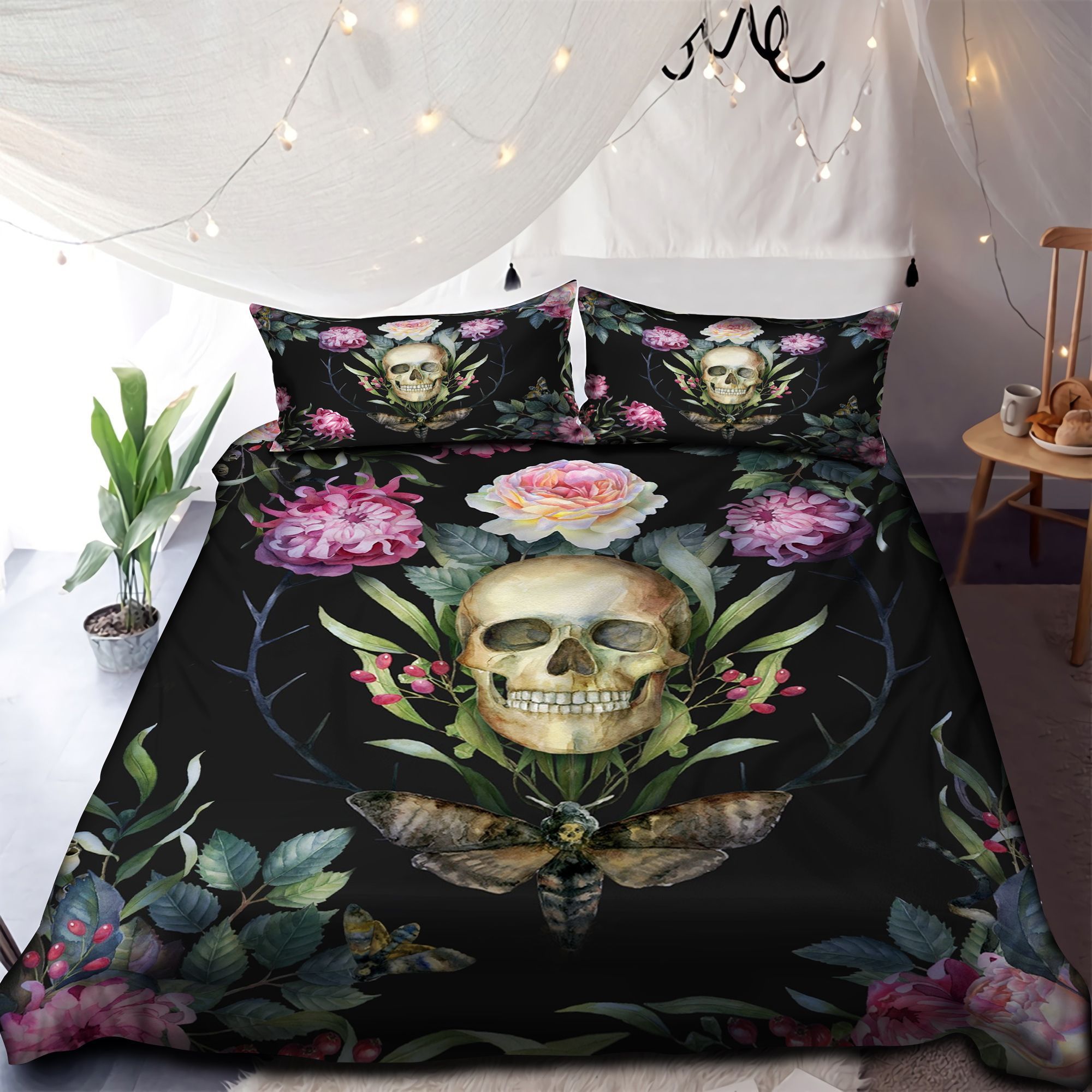 Gothic Skull Floral Bedding Set