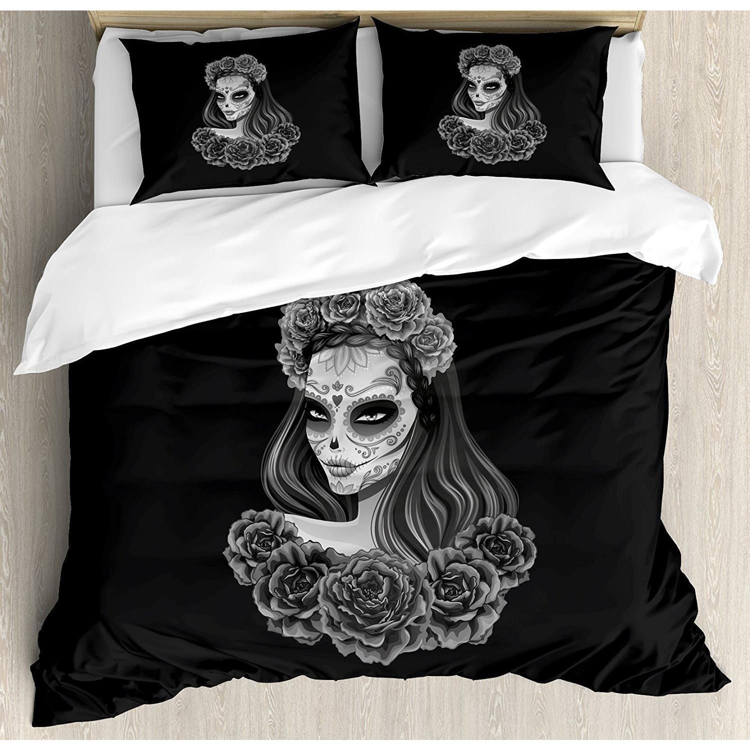 Gothic Young Girl With Roses Skull Bedding Set