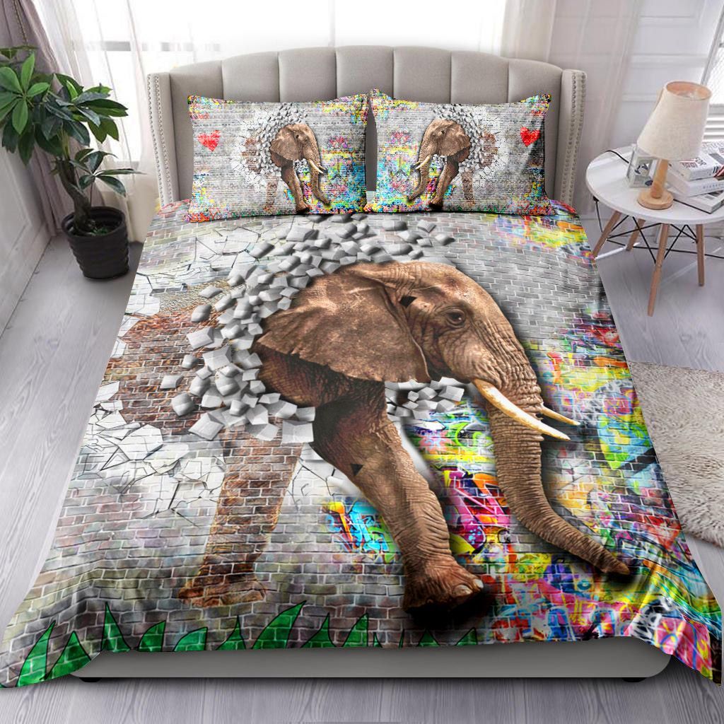 Graffiti On A Wall An Elephant Comes Out Of A Brick Wall Bedding Set