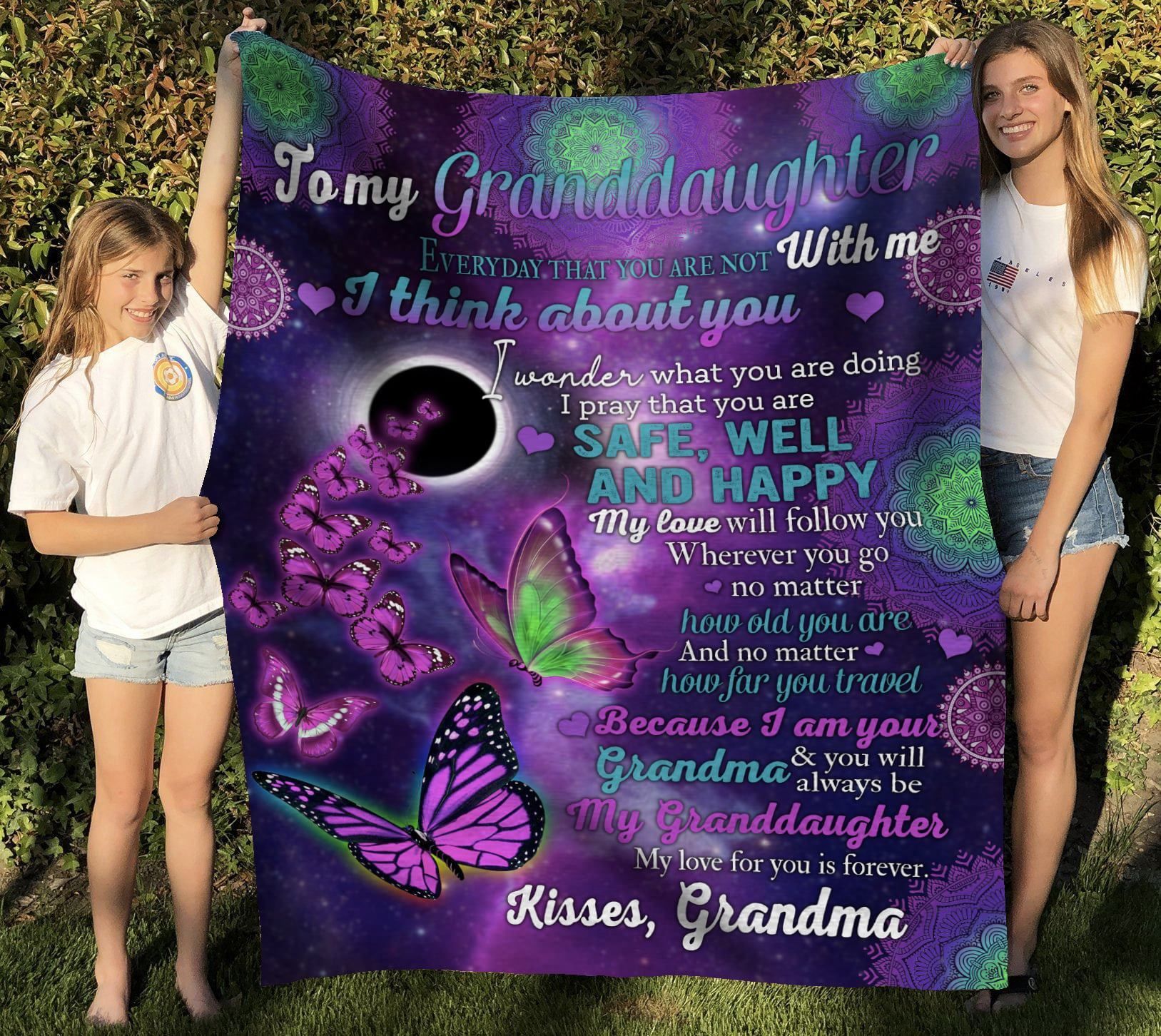 Grandma Gift For Granddaughter Fleece Blanket Purple Butterflies Safe Well And Happy