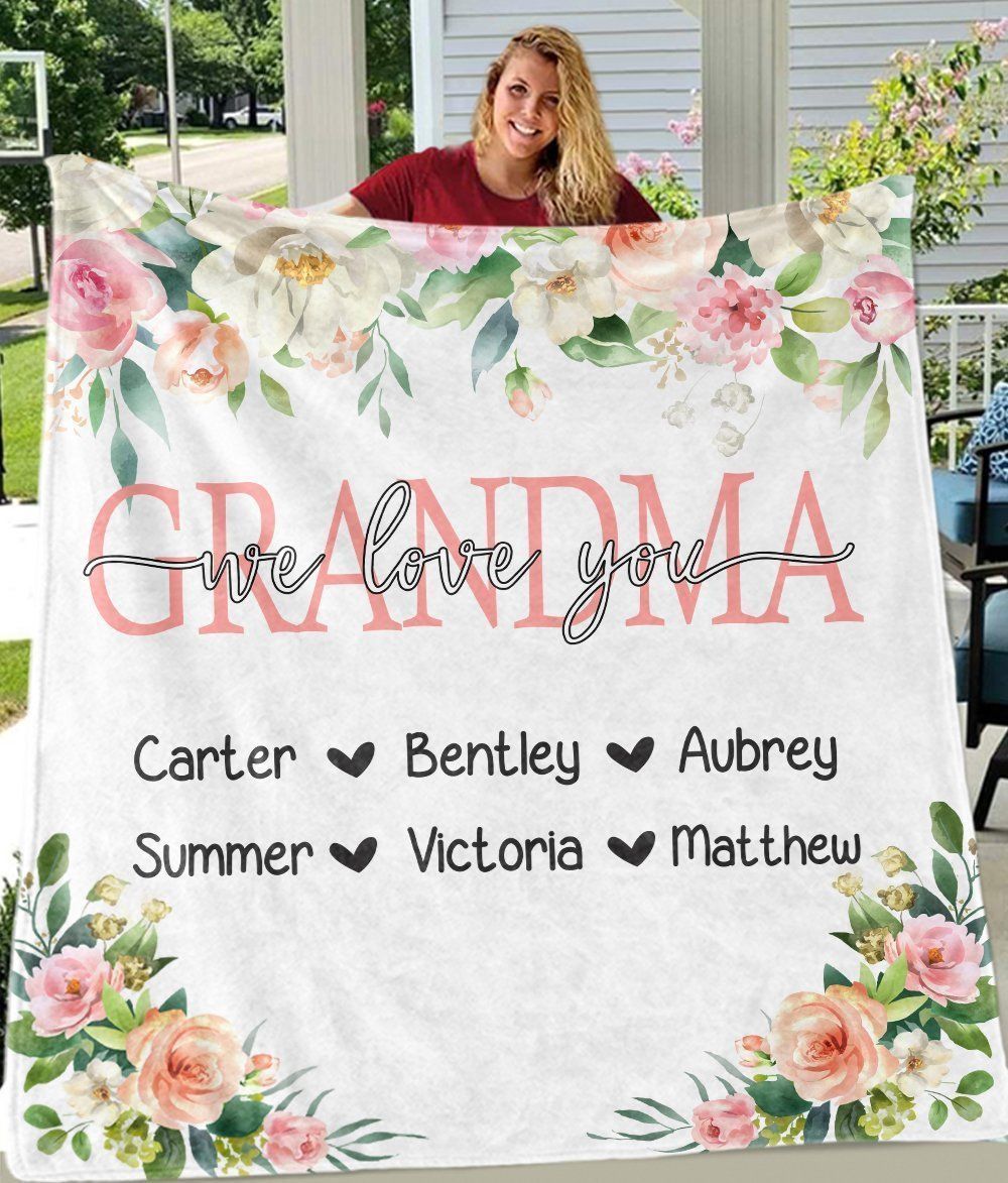 Grandma Gift Pink White Floral Custom Name Fleece Blanket