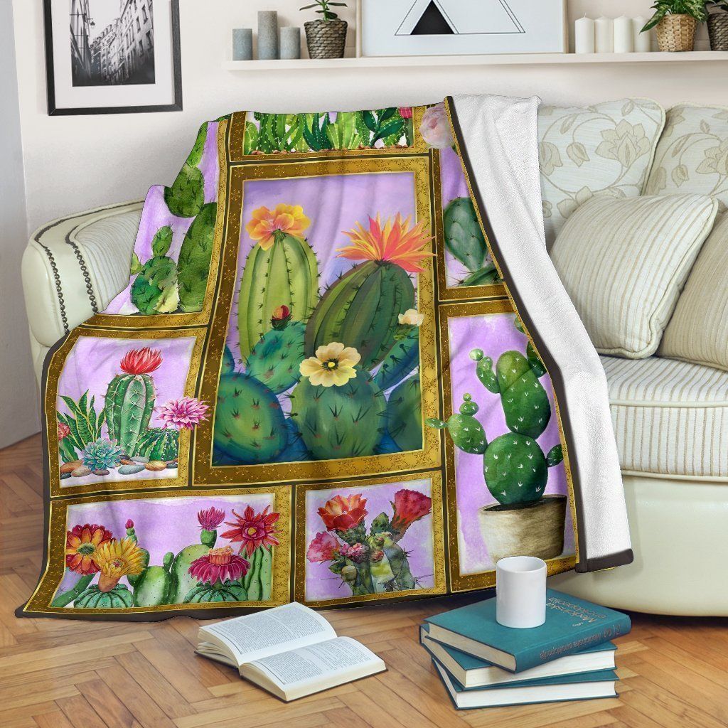 Graphic Cactus Bloom Fleece Blanket Gift For Plant Lovers