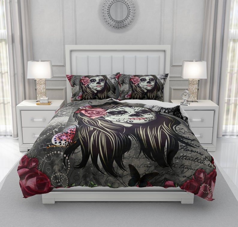 Gray And Deep Red Sugar Skull Bedding Set