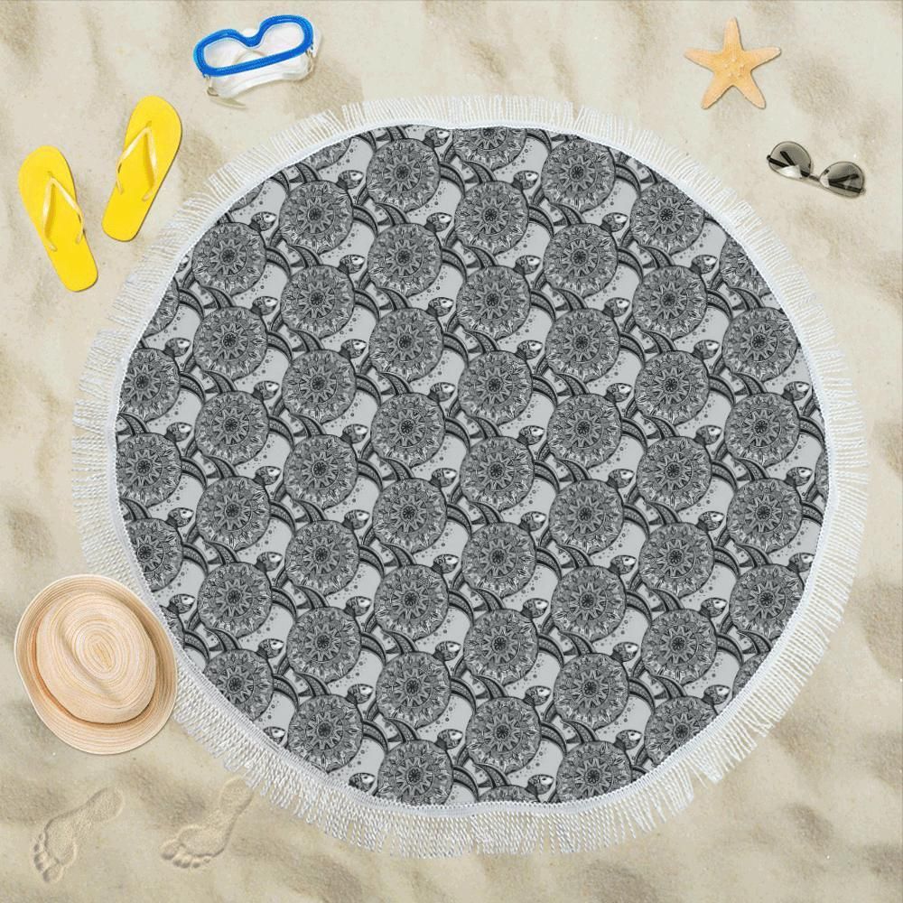 Gray And White Tribal Turtle Polynesian Themed Printed Round Beach Towel