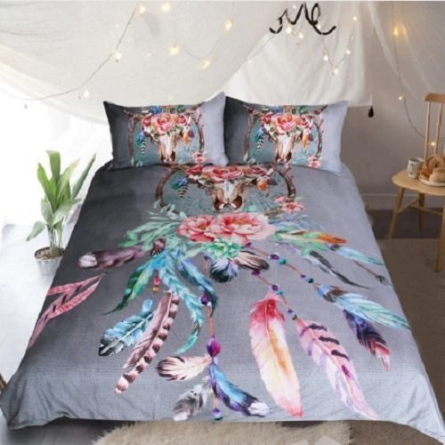 Gray Feathers Skulls Bedding Set
