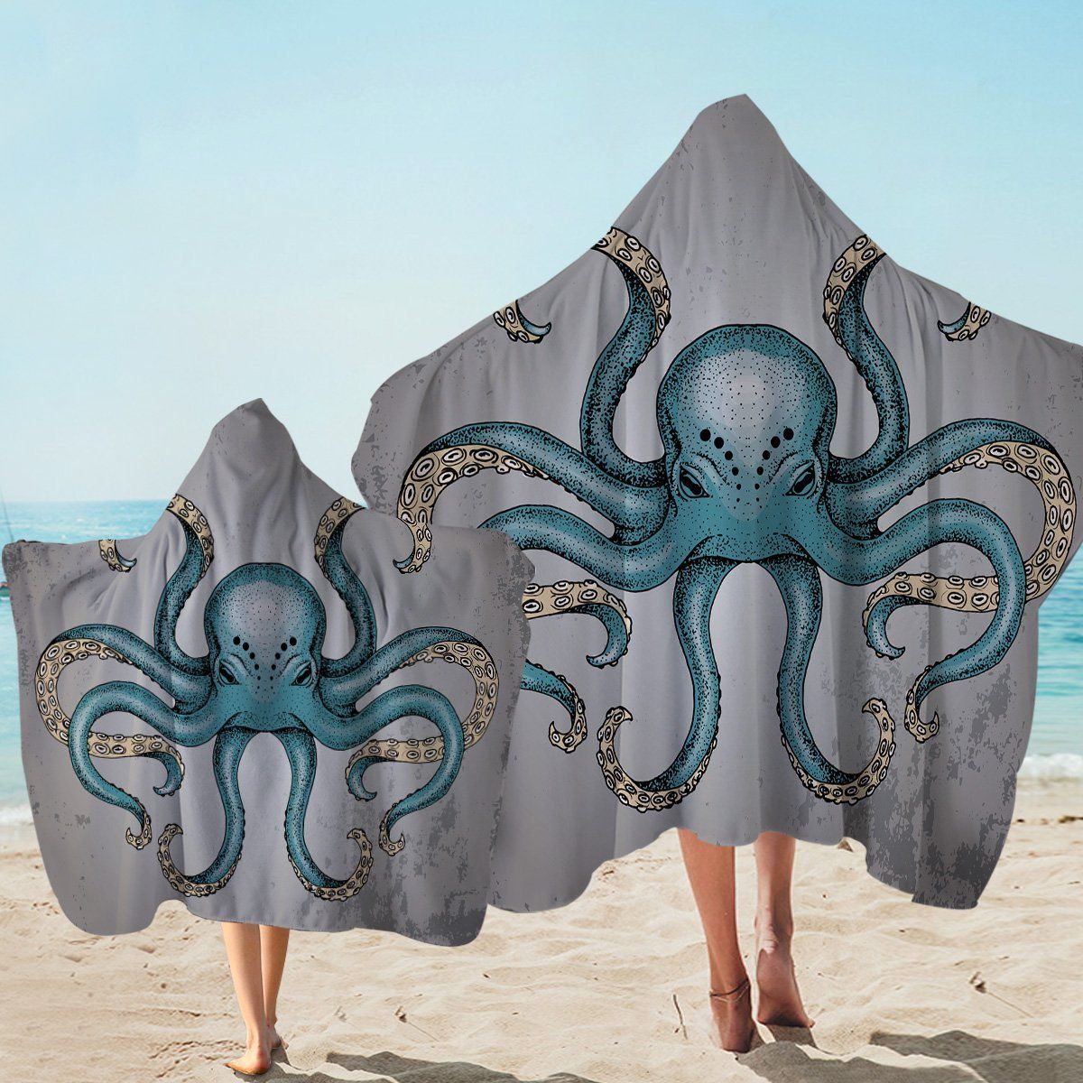 Gray Giant Octopus Printed Hooded Towel