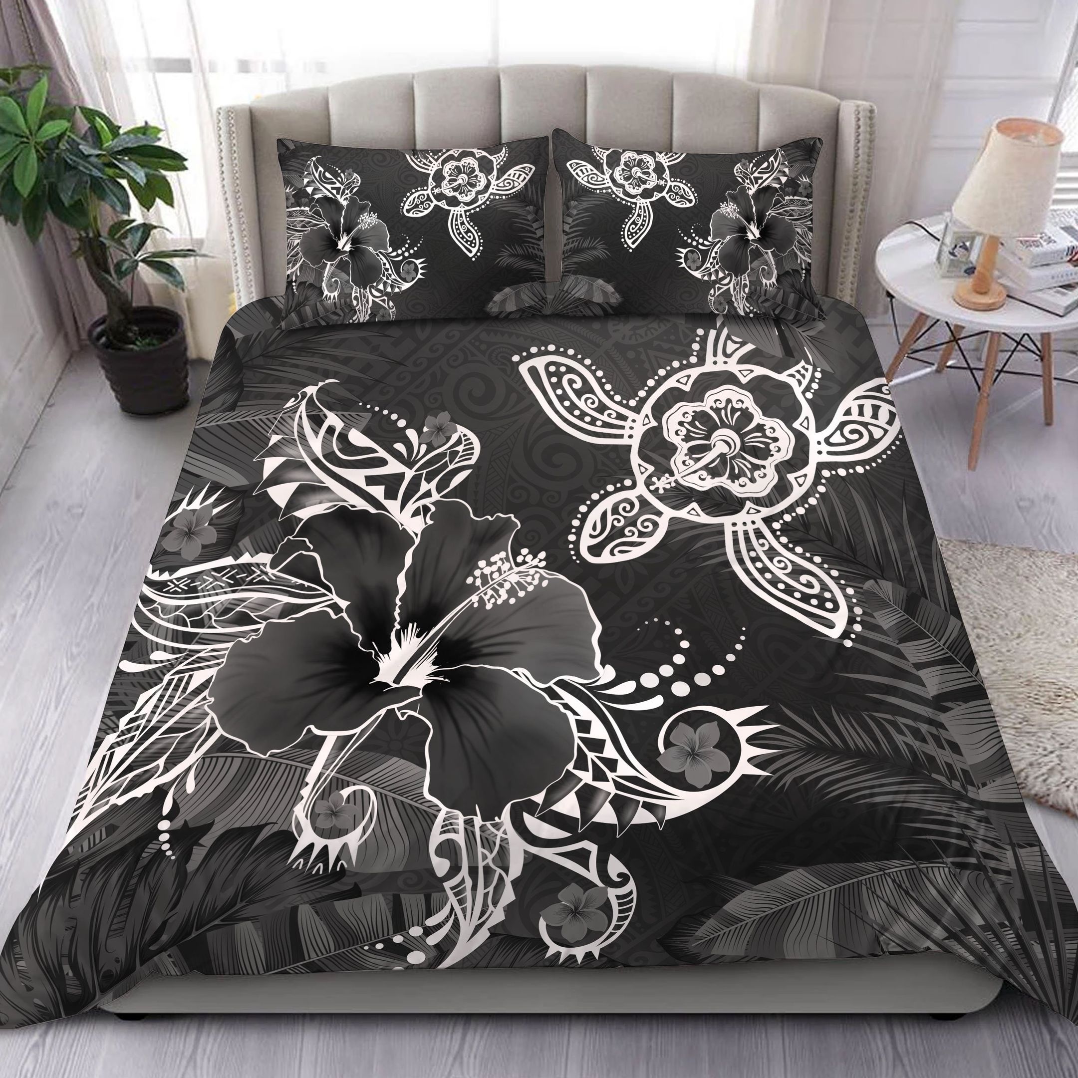 Gray Hawaii Turtle Flowers And Palms Retro Bedding Set