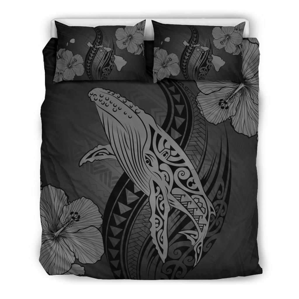 Gray Hawaiian Map Whale Swim Hibiscus Polynesian Bedding Set