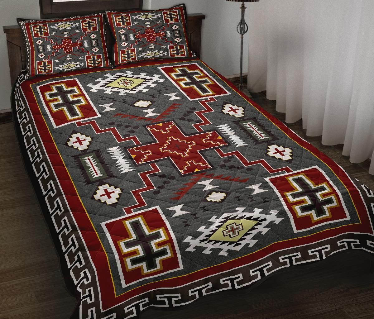 Gray Red Native American Bedding Set