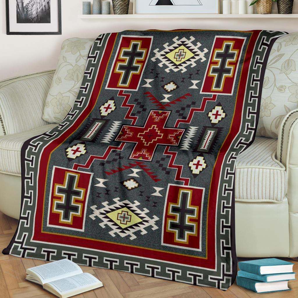 Gray Red Native American Sherpa Fleece Blanket