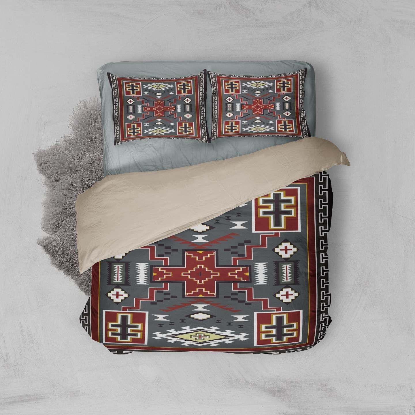 Gray Red Native American Bedding Set