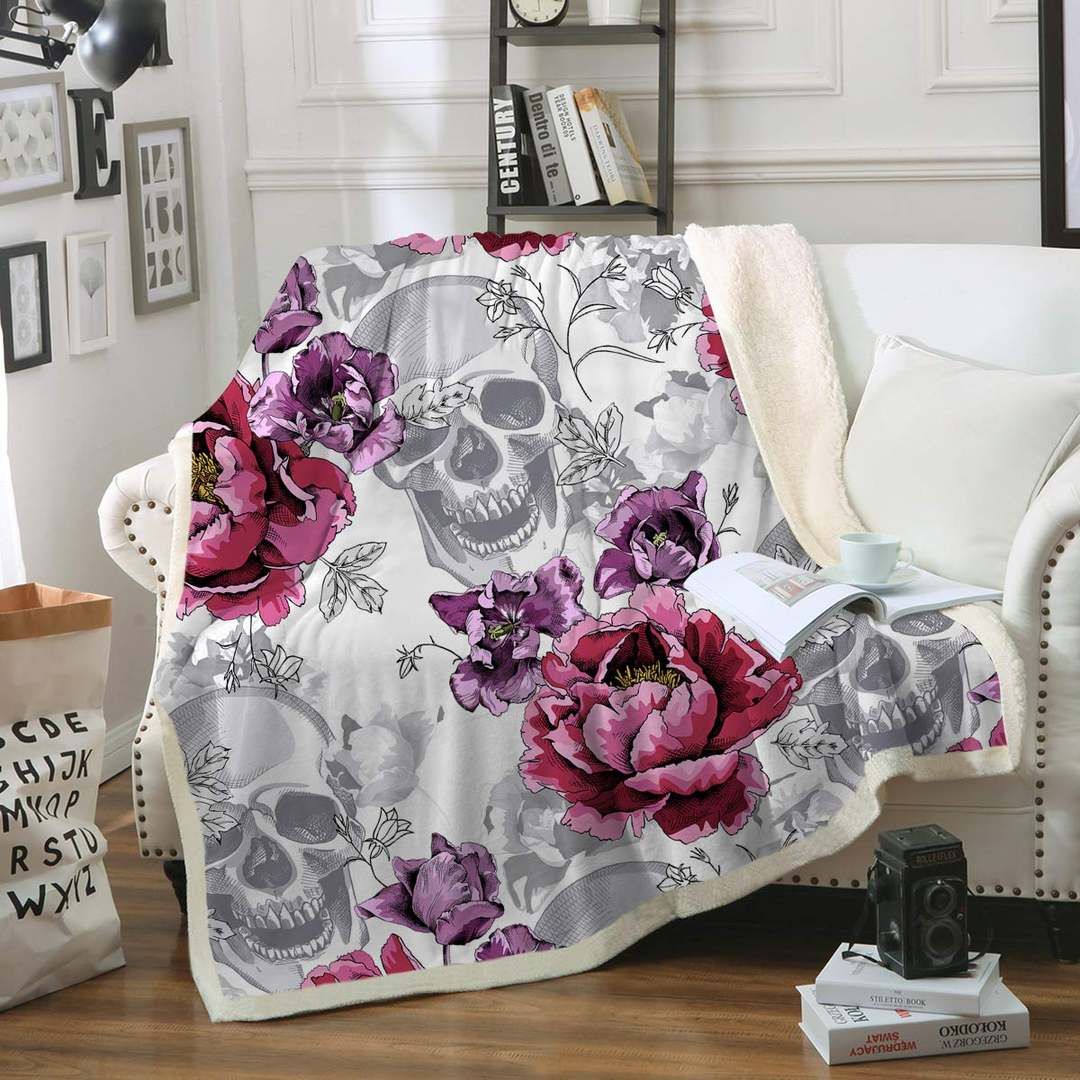 Gray Skulls And Roses Sherpa Fleece Blanket