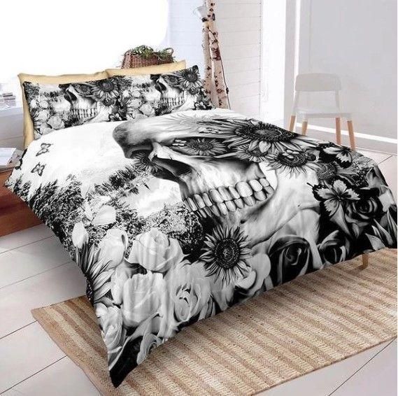 Gray Sunflowers And Skull Bedding Set