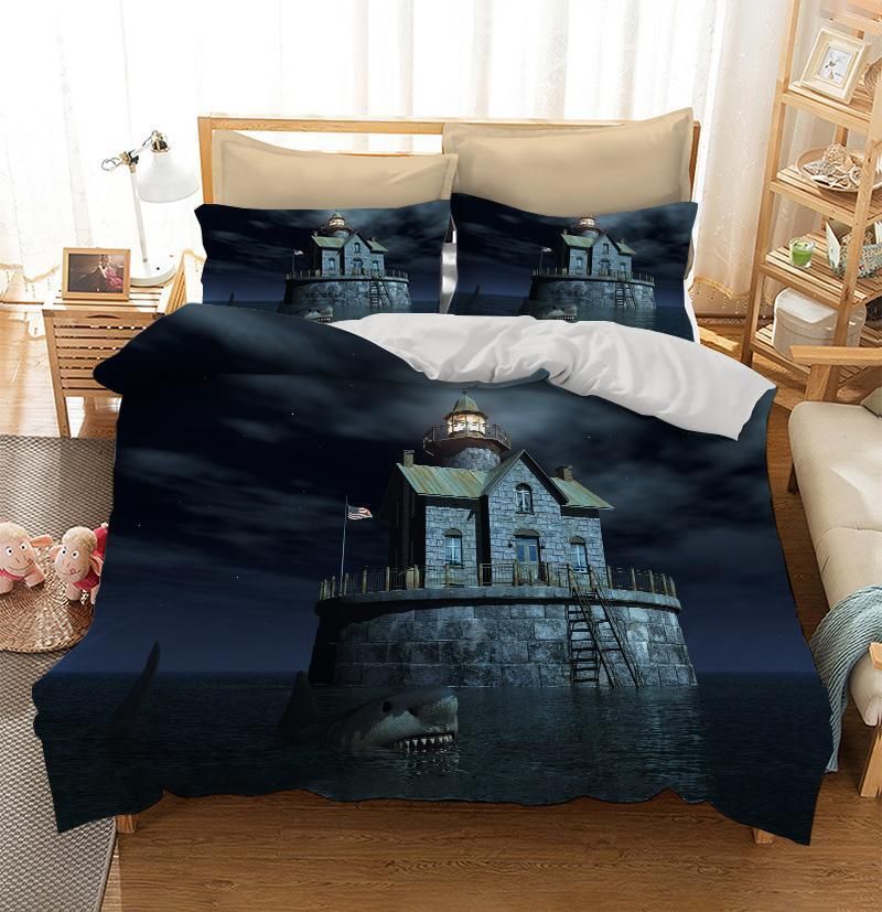 Great white shark in front of a lighthouse Bedding Set