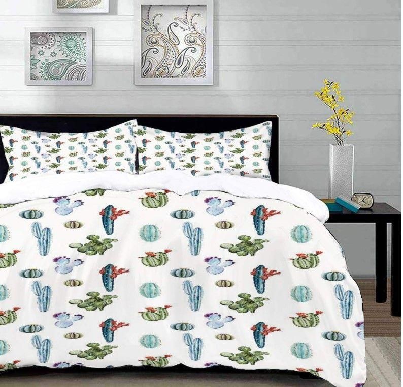 Green And Blue Cactus In White Bedding Set