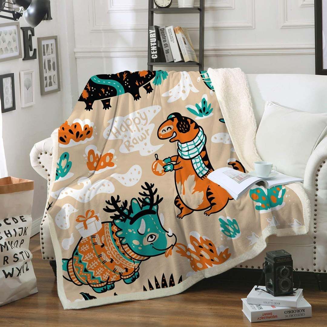 Green And Orange Dinosaur Sherpa Fleece Blanket