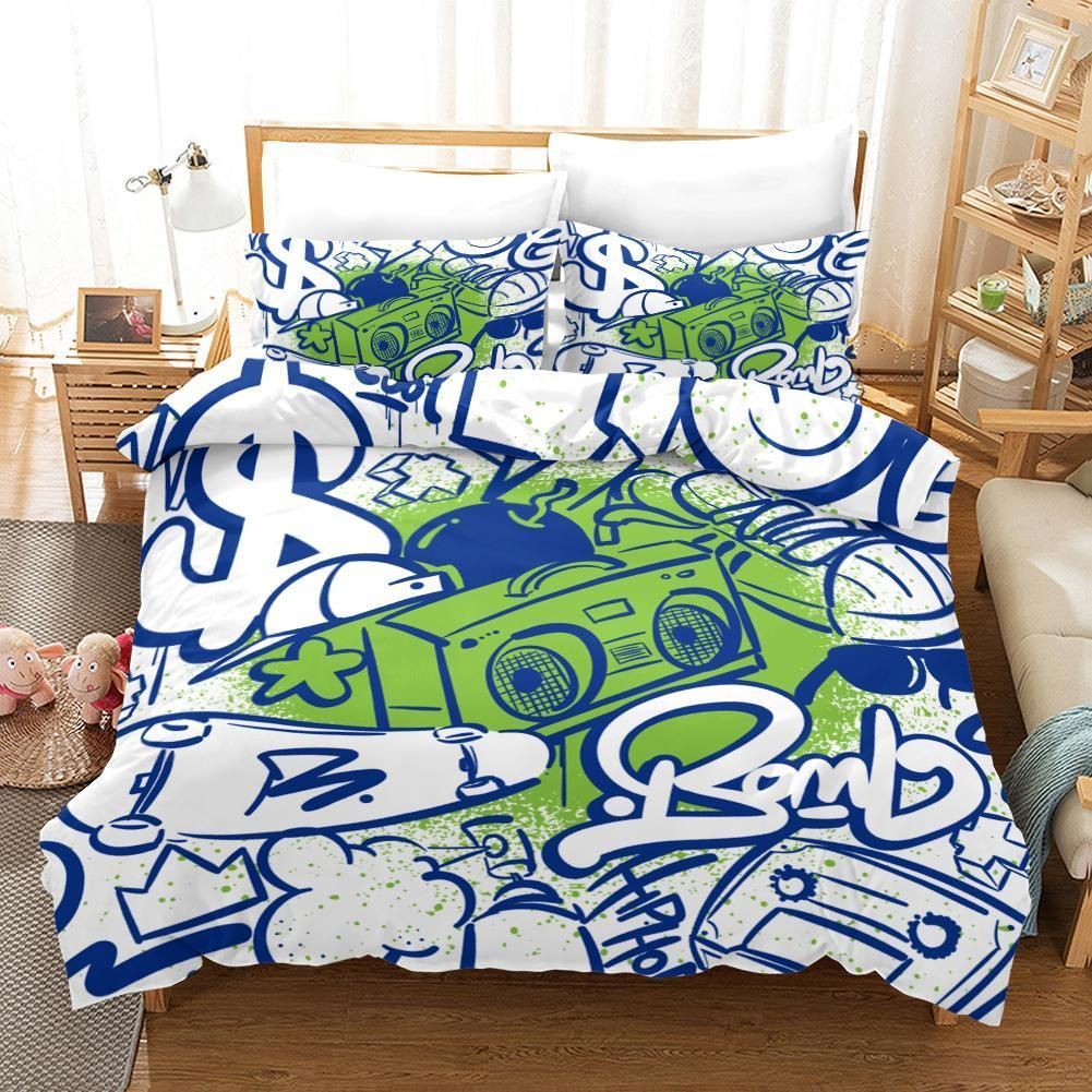 Green and White Graffiti Printed Bedding Set