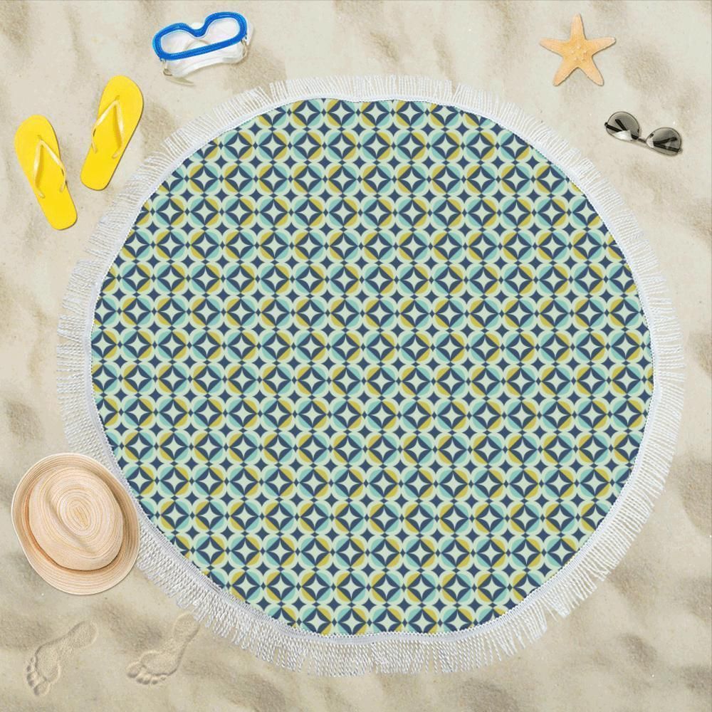 Green And Yellow Swedish Design Pattern Printed Round Beach Towel