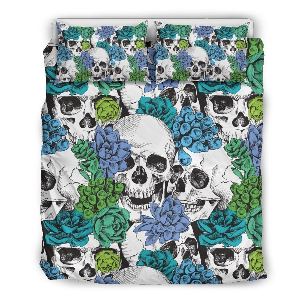 Green Blue Flowers Skull Bedding Set