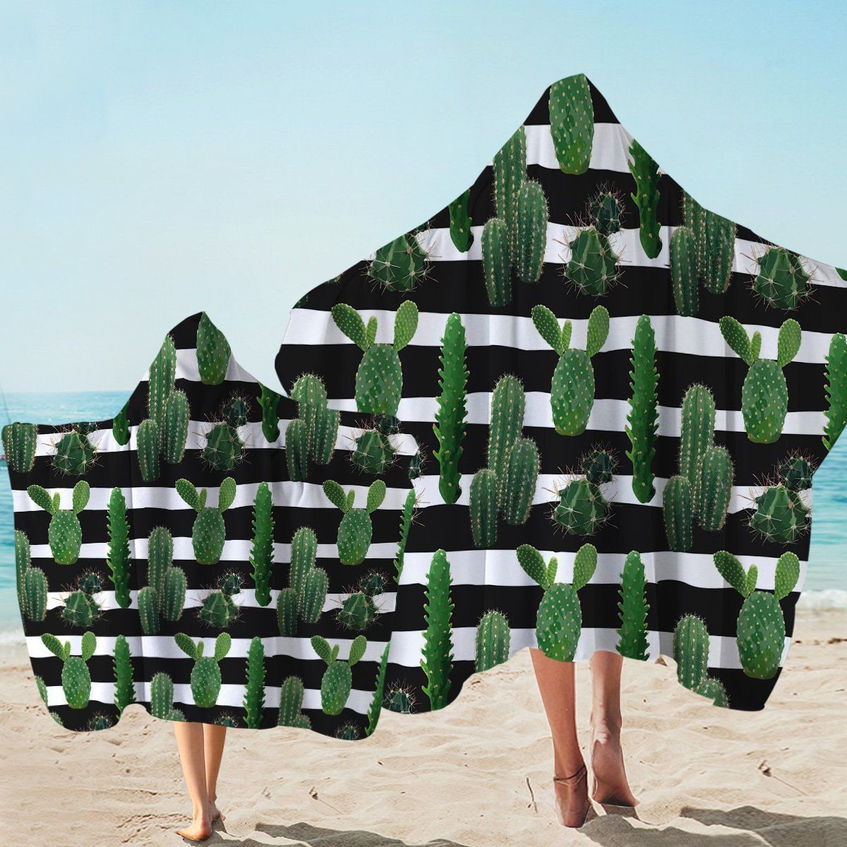 Green Cactis Black And White Stripes Printed Hooded Towel