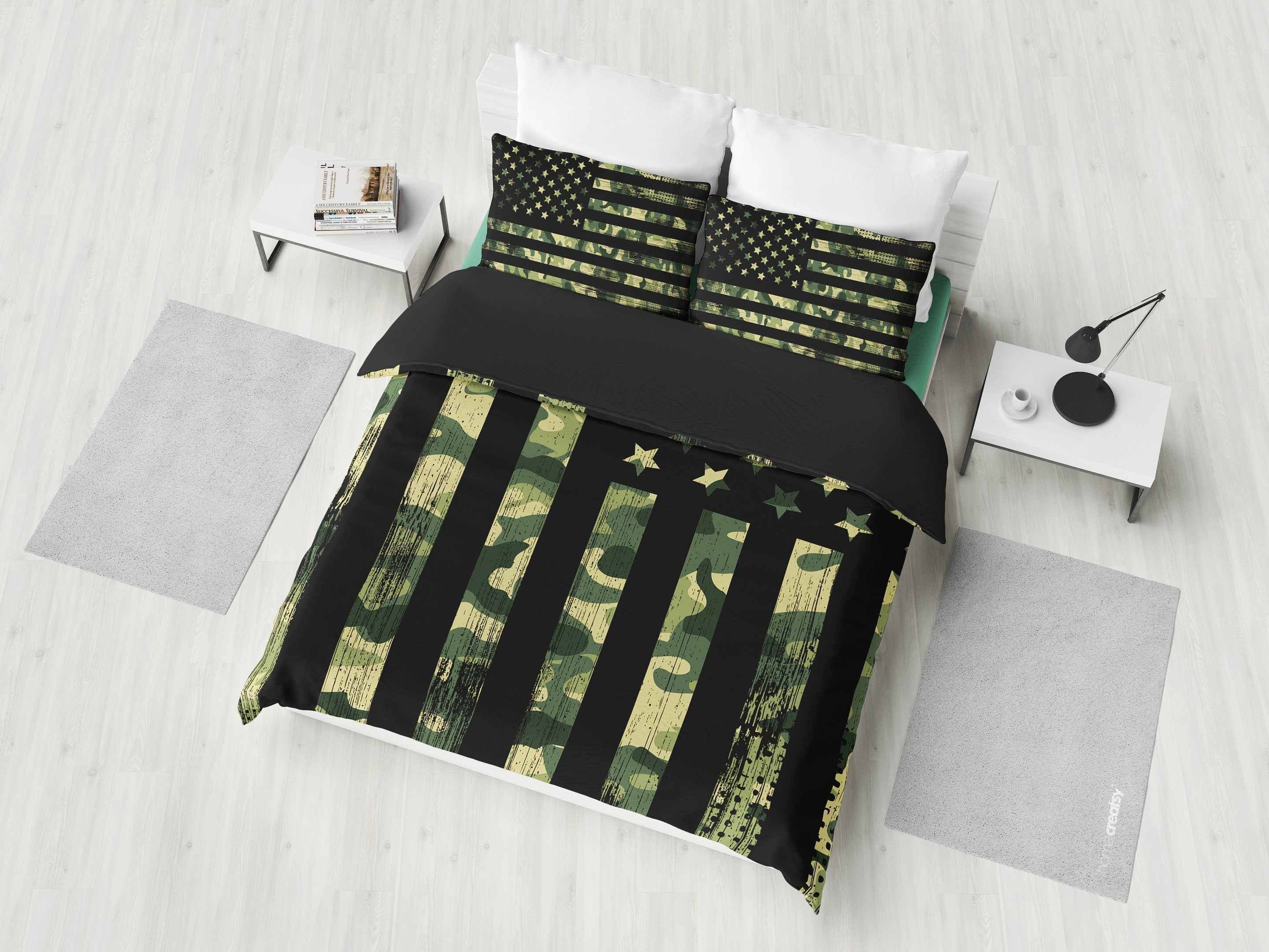 Green Camouflage American Flag Bedding Set