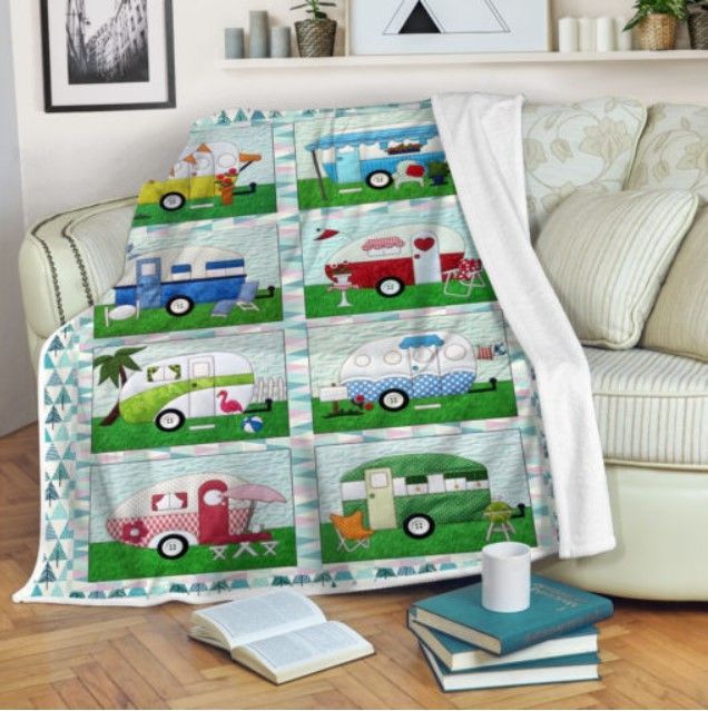 Green Camping Car Sherpa Fleece Blanket