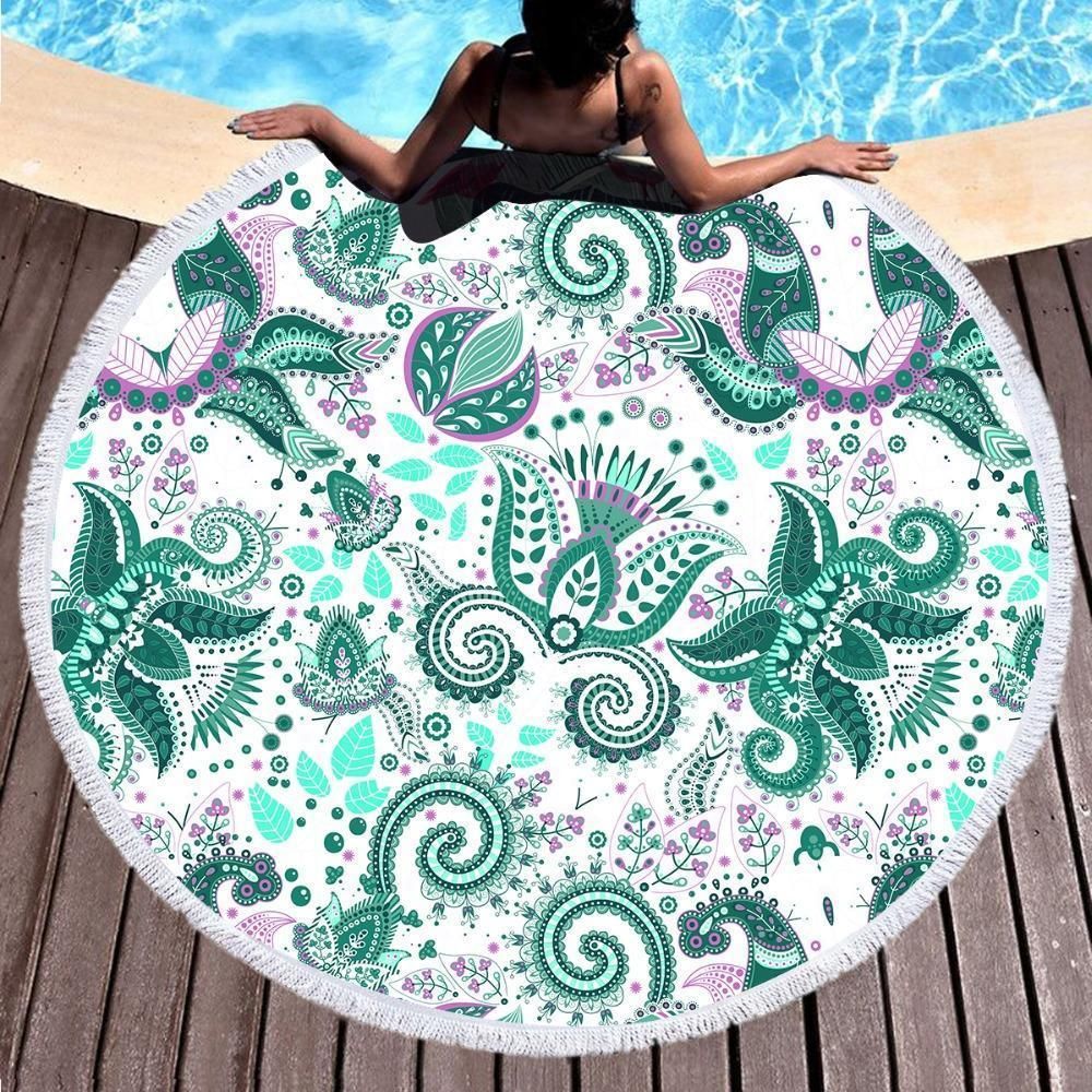Green Coastal Paisley Printed Round Beach Towel